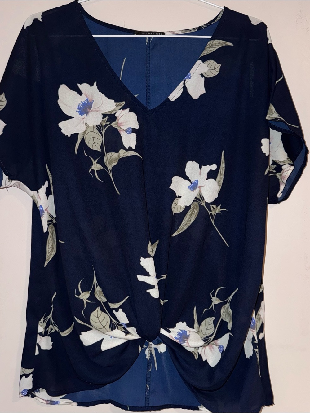 West Kei Navy Floral V-Neck Twist Front Blouse